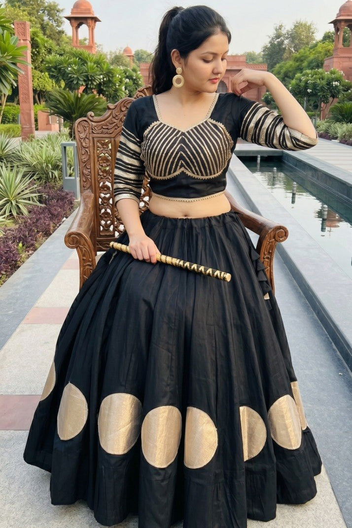 Women's Black Roman Cotton Navratri Lehenga Choli | Traditional Dandiya Festival Ethnic Wear