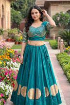 Women's Teal Blue Roman Cotton Navratri Lehenga Choli | Traditional Dandiya Festival Ethnic Wear