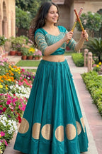 Women's Teal Blue Roman Cotton Navratri Lehenga Choli | Traditional Dandiya Festival Ethnic Wear