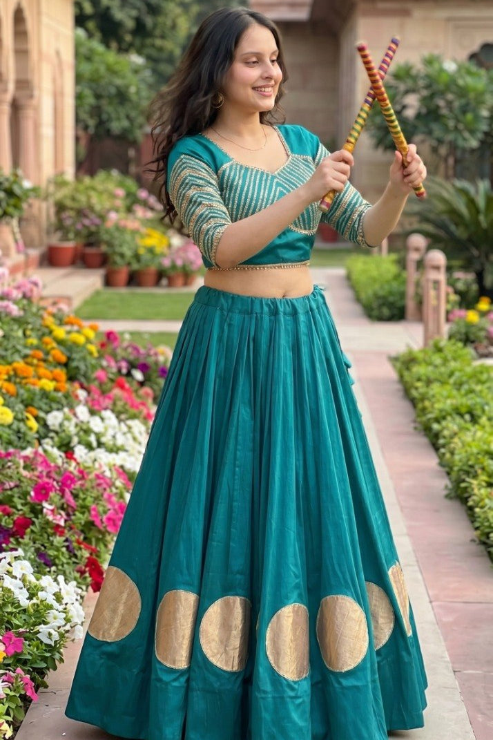 Women's Teal Blue Roman Cotton Navratri Lehenga Choli | Traditional Dandiya Festival Ethnic Wear