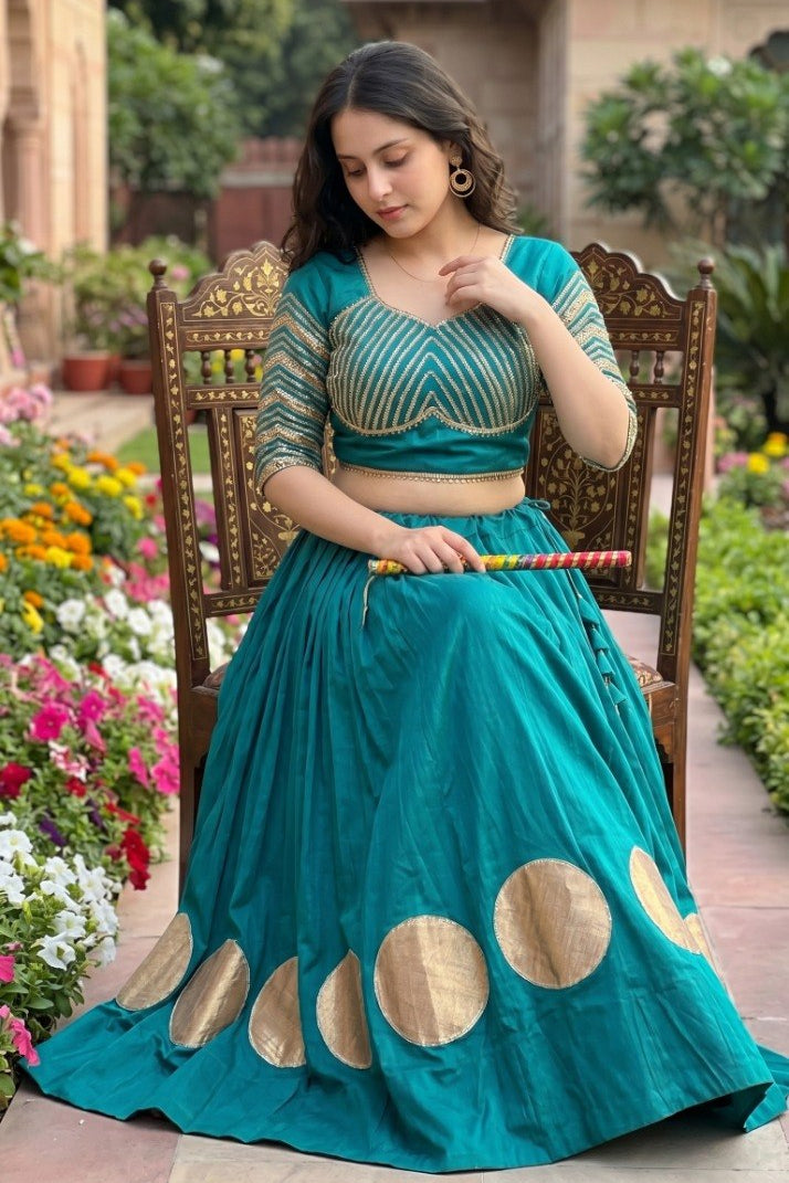 Women's Teal Blue Roman Cotton Navratri Lehenga Choli | Traditional Dandiya Festival Ethnic Wear