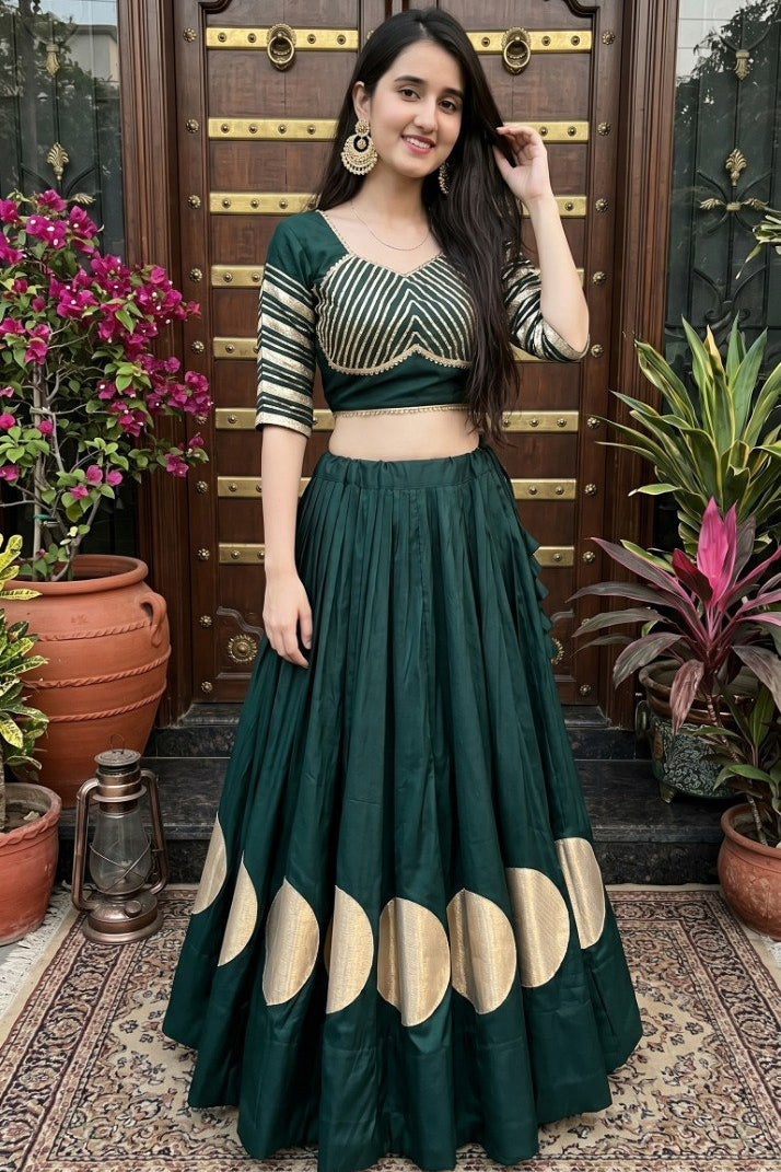 Women's Dark Green Roman Cotton Navratri Lehenga Choli | Traditional Dandiya Festival Ethnic Wear