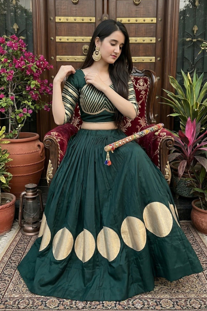 Women's Dark Green Roman Cotton Navratri Lehenga Choli | Traditional Dandiya Festival Ethnic Wear