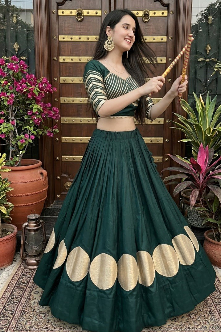 Women's Dark Green Roman Cotton Navratri Lehenga Choli | Traditional Dandiya Festival Ethnic Wear