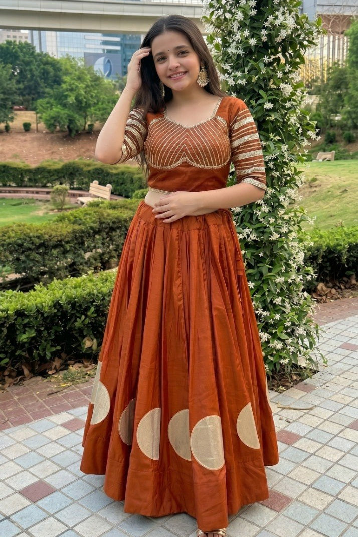 Women's Rust Brown Roman Cotton Navratri Lehenga Choli | Traditional Dandiya Festival Ethnic Wear