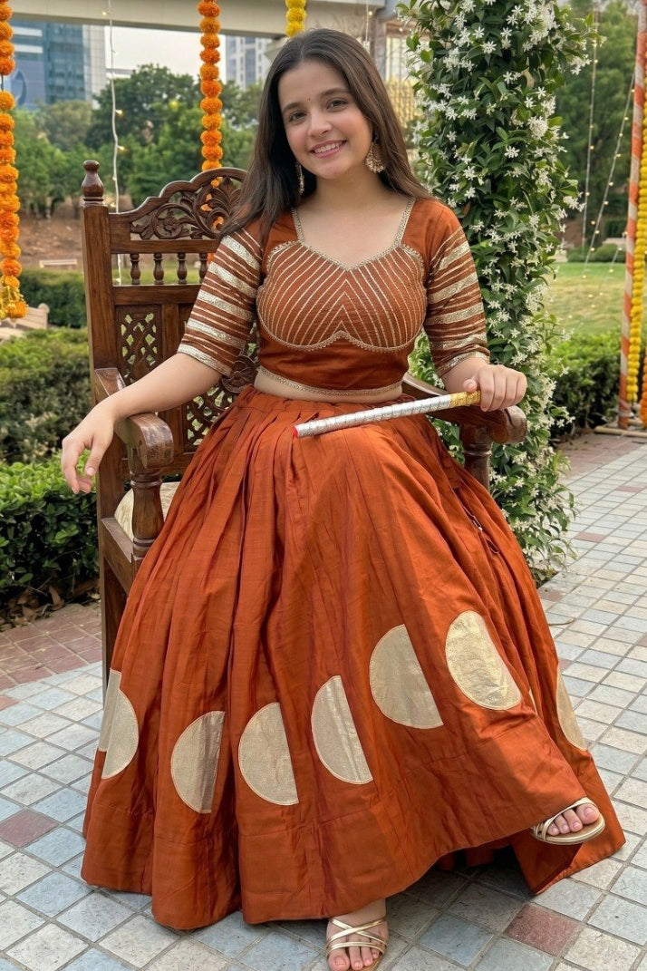Women's Rust Brown Roman Cotton Navratri Lehenga Choli | Traditional Dandiya Festival Ethnic Wear