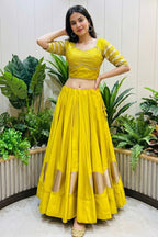 Women's Yellow Roman Cotton Navratri Lehenga Choli | Traditional Dandiya Festival Ethnic Wear