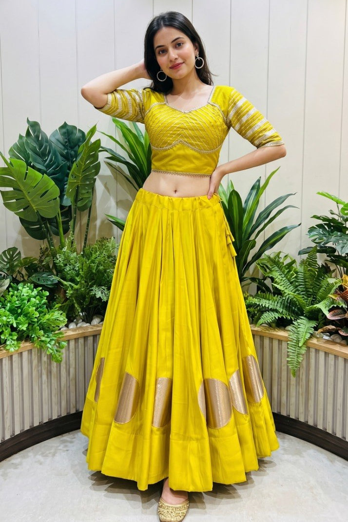 Women's Yellow Roman Cotton Navratri Lehenga Choli | Traditional Dandiya Festival Ethnic Wear
