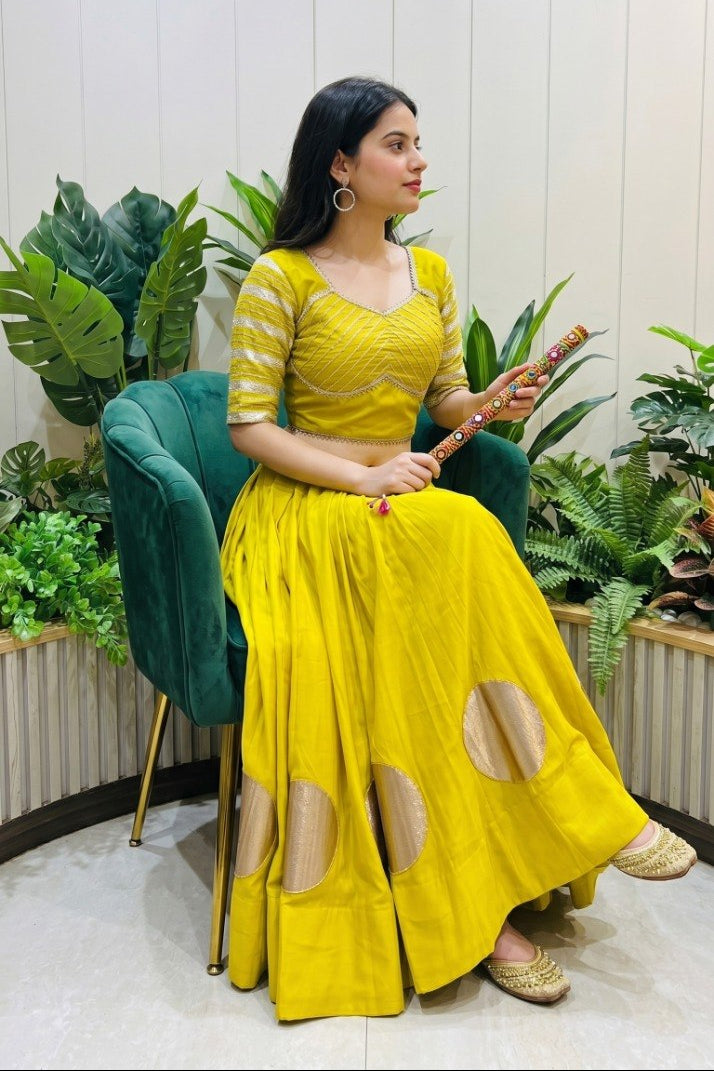 Women's Yellow Roman Cotton Navratri Lehenga Choli | Traditional Dandiya Festival Ethnic Wear