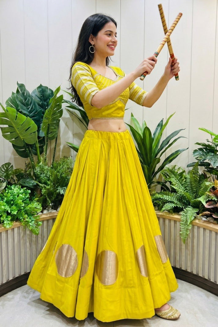 Women's Yellow Roman Cotton Navratri Lehenga Choli | Traditional Dandiya Festival Ethnic Wear