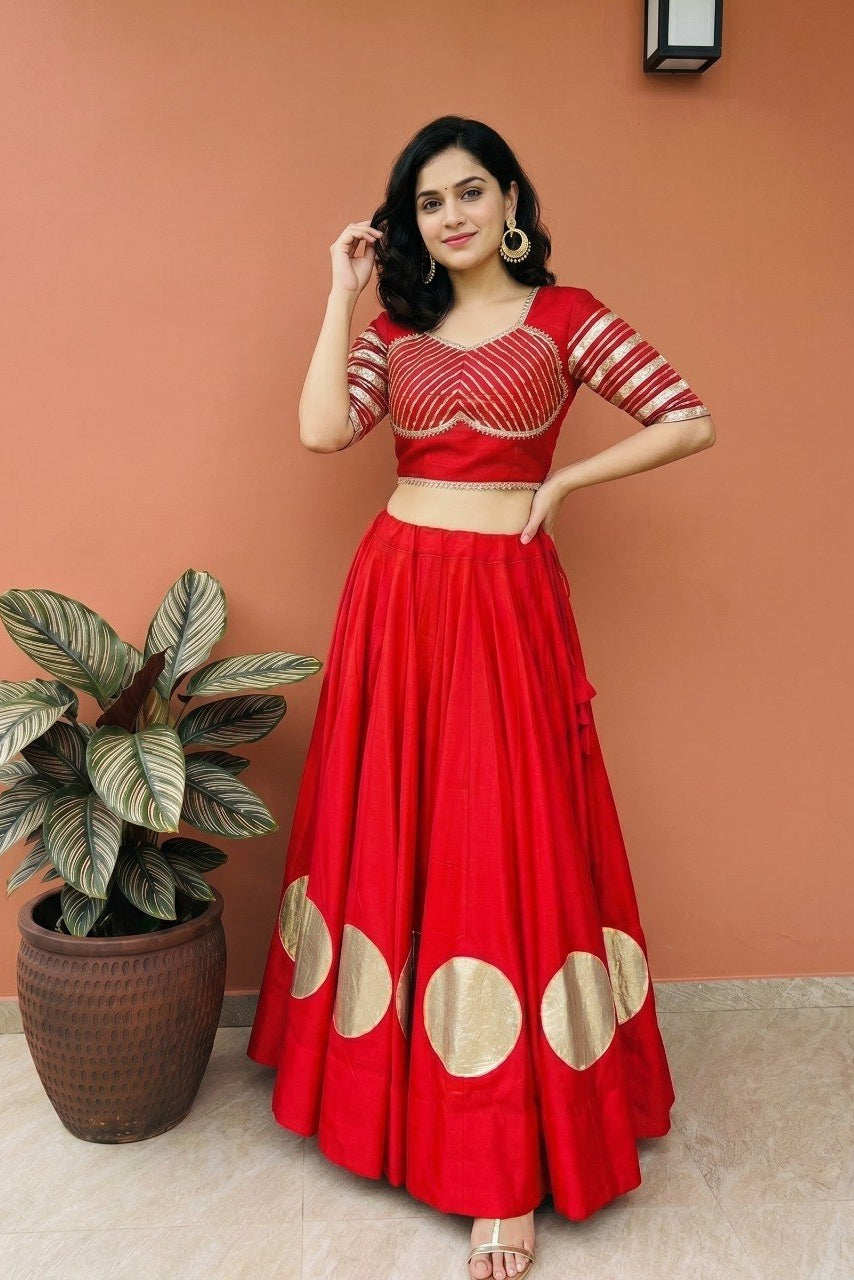 Women's Red Roman Cotton Navratri Lehenga Choli | Traditional Dandiya Festival Ethnic Wear