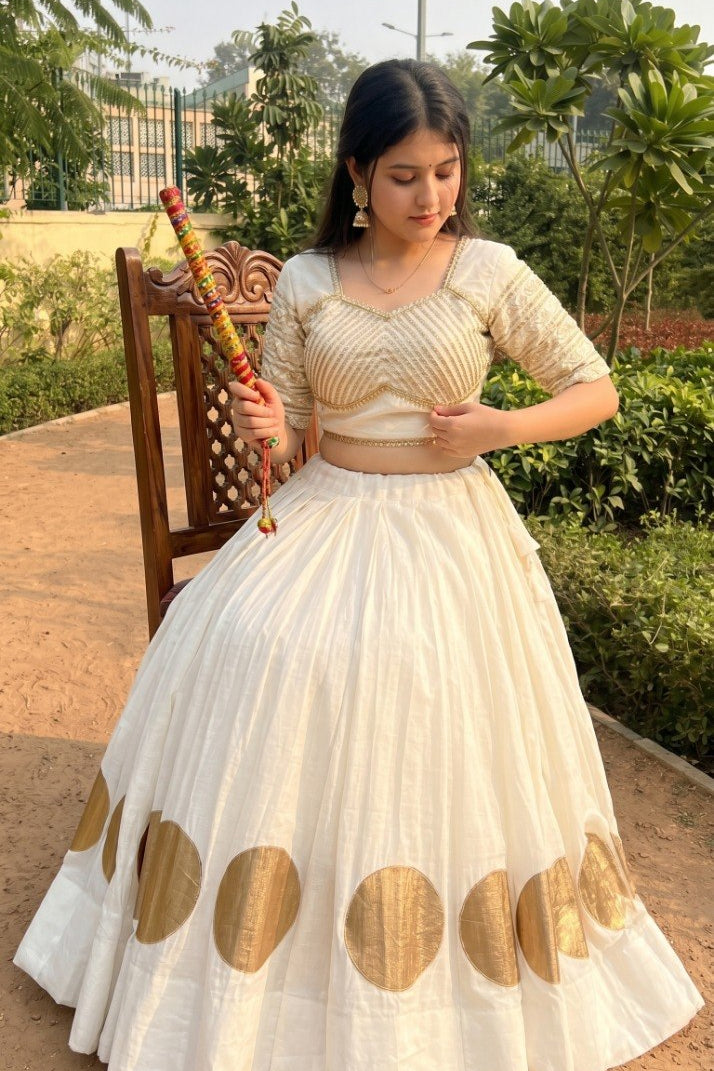 Women's White Roman Cotton Navratri Lehenga Choli | Traditional Dandiya Festival Ethnic Wear
