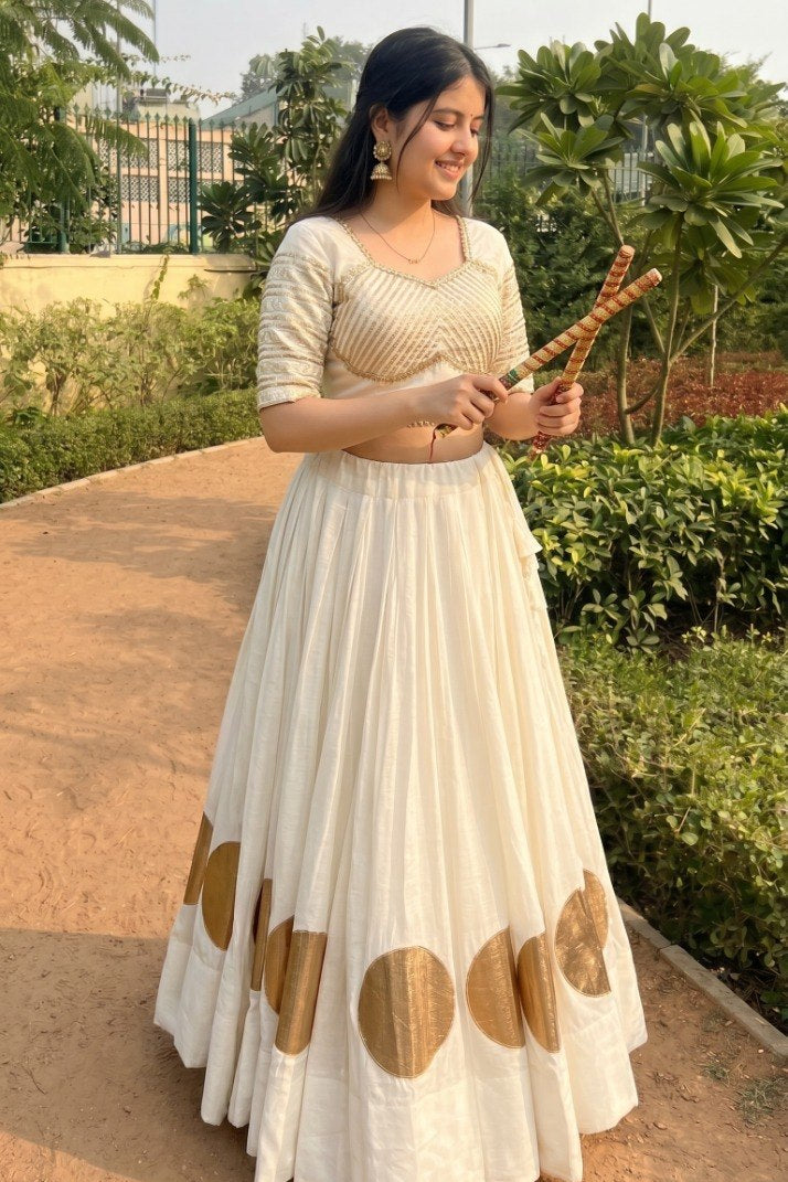 Women's White Roman Cotton Navratri Lehenga Choli | Traditional Dandiya Festival Ethnic Wear