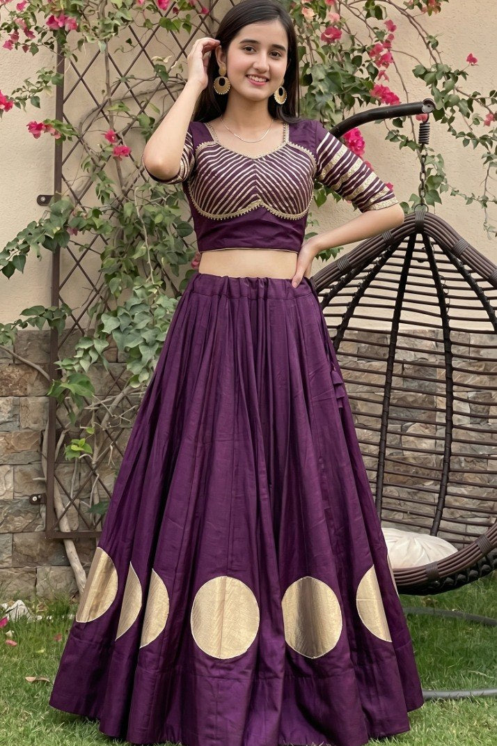 Women's Purple Roman Cotton Navratri Lehenga Choli | Traditional Dandiya Festival Ethnic Wear