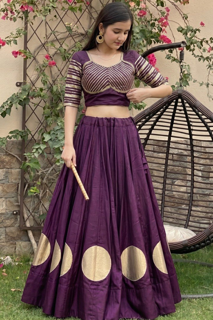 Women's Purple Roman Cotton Navratri Lehenga Choli | Traditional Dandiya Festival Ethnic Wear