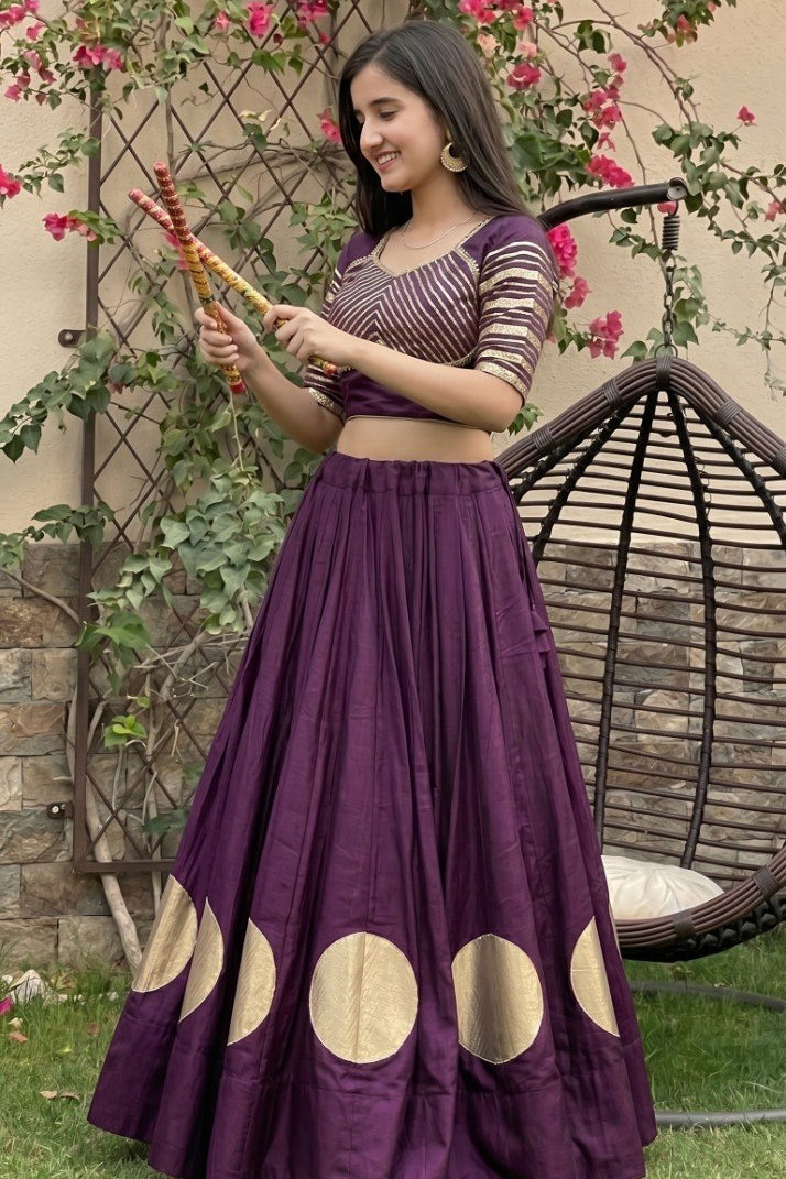 Women's Purple Roman Cotton Navratri Lehenga Choli | Traditional Dandiya Festival Ethnic Wear