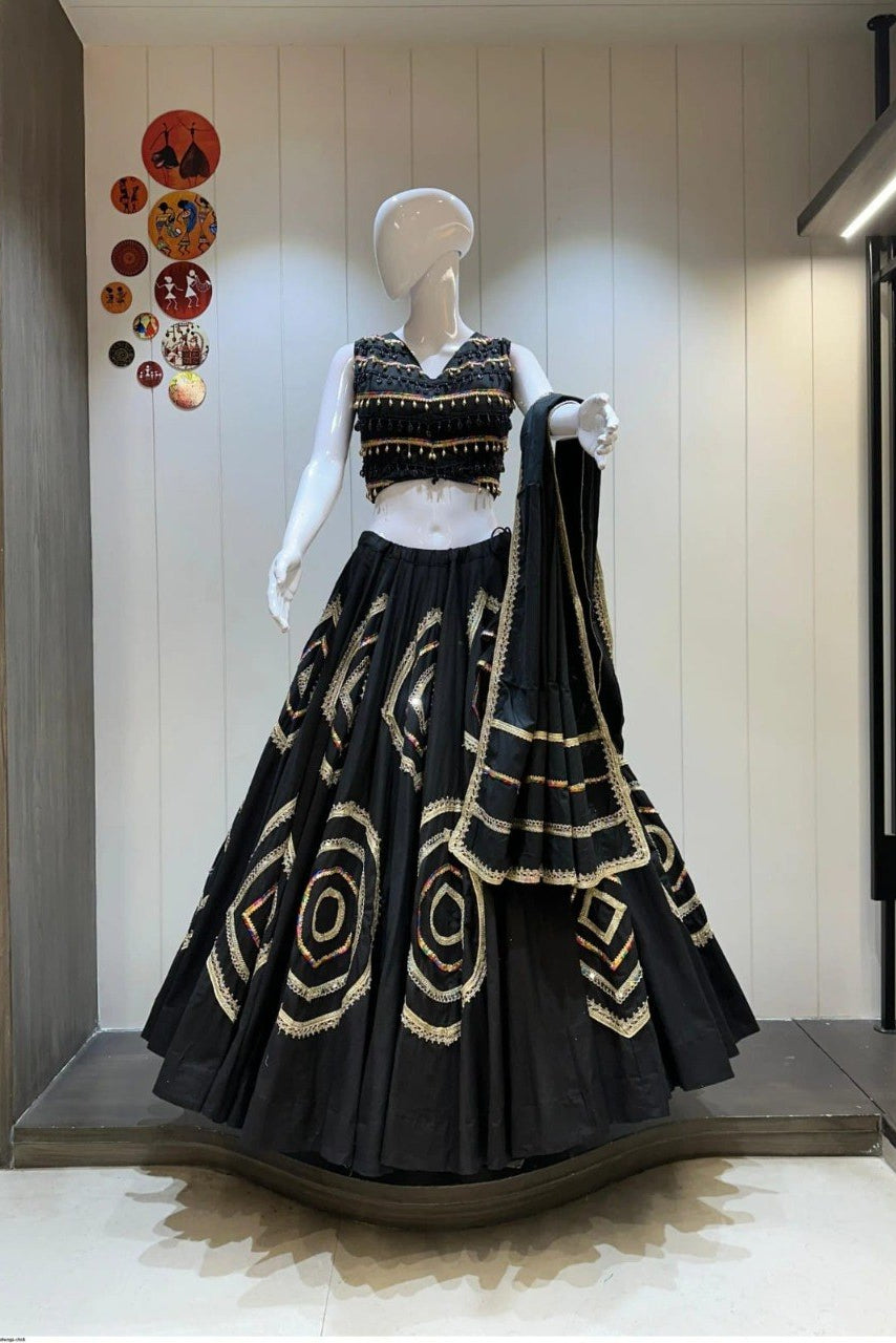 Women's Black Roman Cotton Navratri Lehenga Choli with Dupatta | Fancy Multi Lace Work | 6 Meter Flare Garba & Dandiya Festival Wear