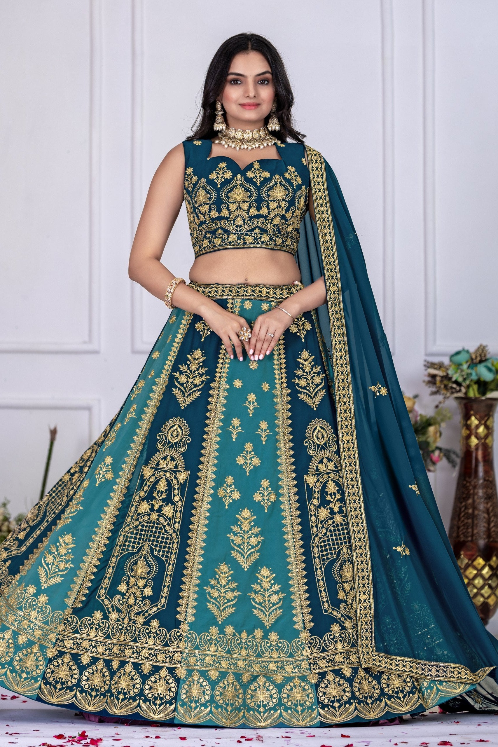 Women's Teal Blue Fox Georgette Embroidered Lehenga Choli with Dupatta | Designer Wedding, Reception & Festive Wear