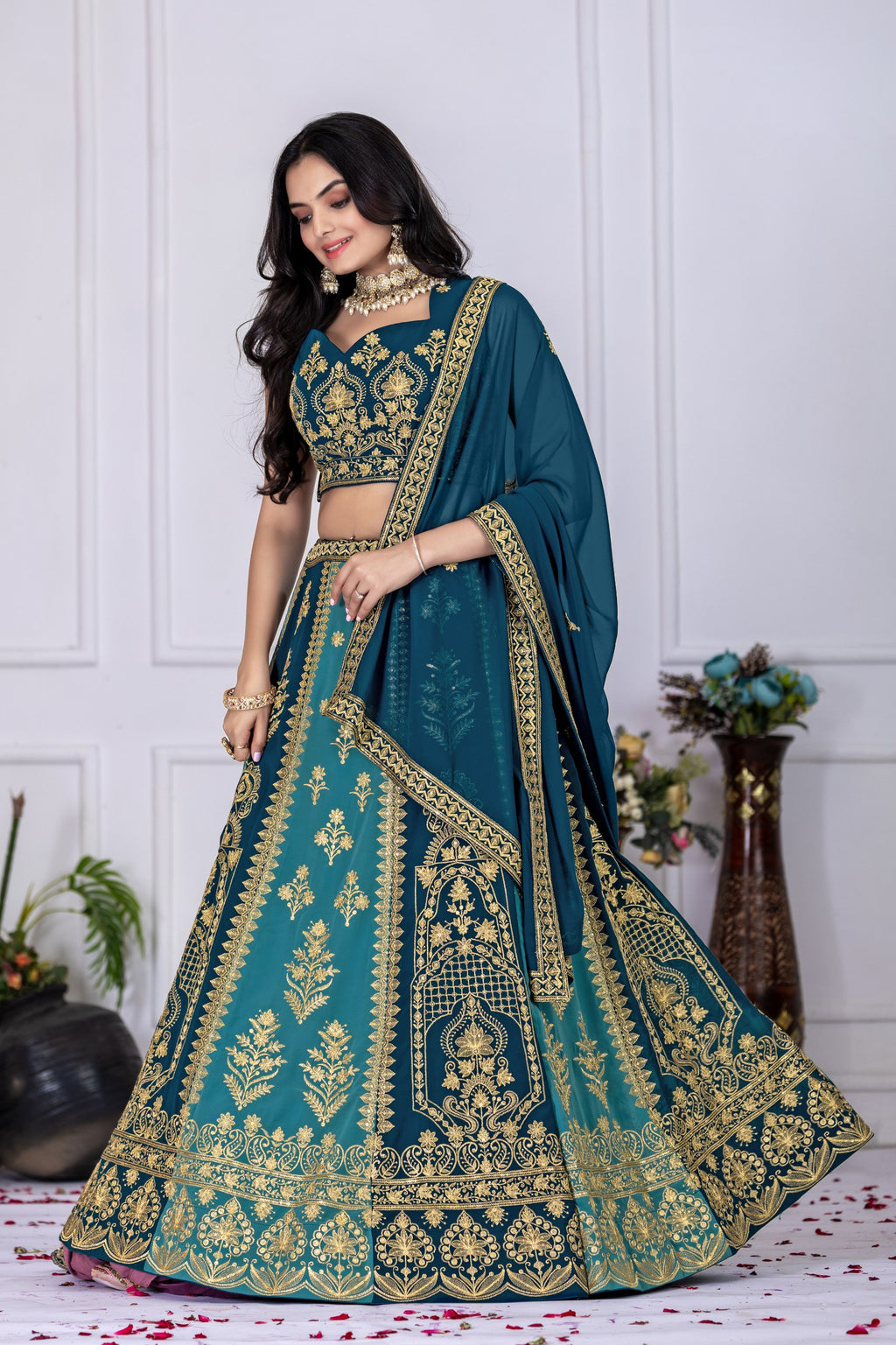 Women's Teal Blue Fox Georgette Embroidered Lehenga Choli with Dupatta | Designer Wedding, Reception & Festive Wear