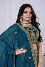 Women's Teal Blue Fox Georgette Embroidered Lehenga Choli with Dupatta | Designer Wedding, Reception & Festive Wear