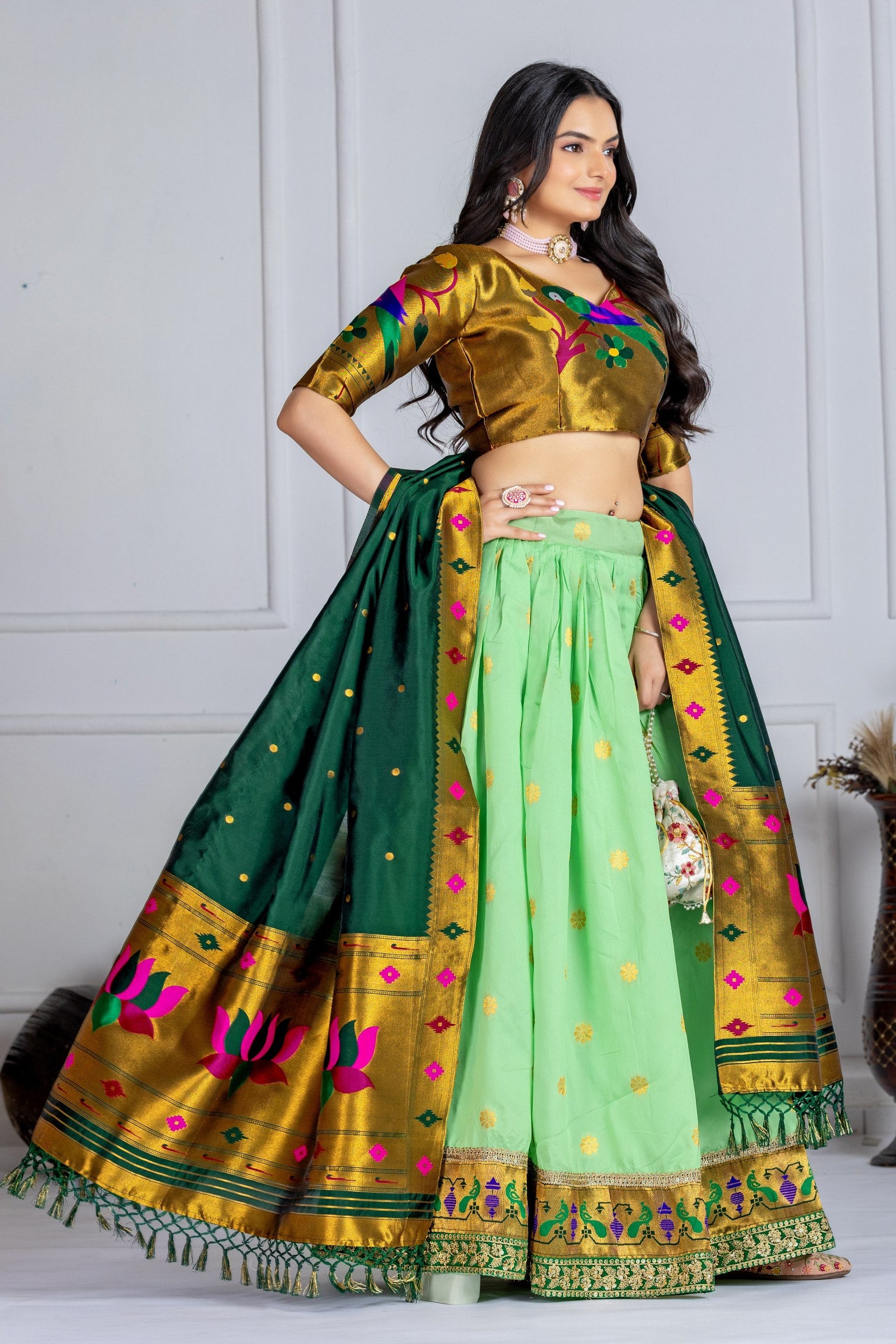 Women's Mint Green Jacquard Lichi Silk Lehenga Choli with Zari Woven Dupatta | Traditional Wedding, Festive & Party Wear