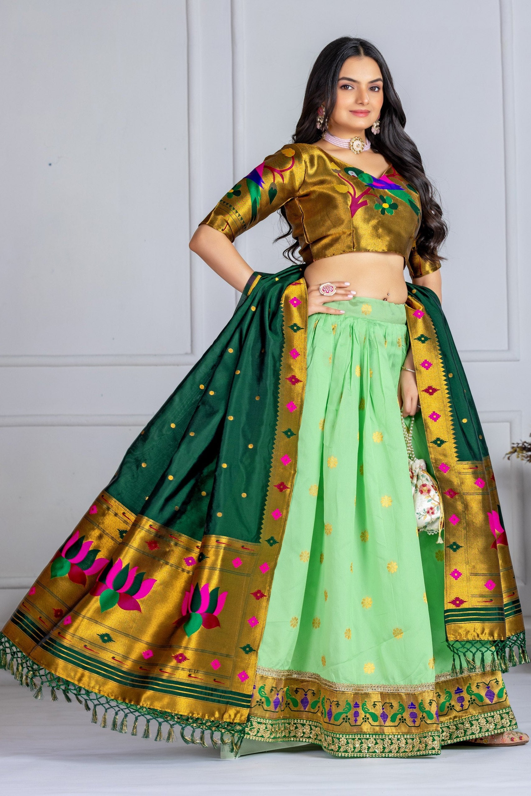 Women's Mint Green Jacquard Lichi Silk Lehenga Choli with Zari Woven Dupatta | Traditional Wedding, Festive & Party Wear