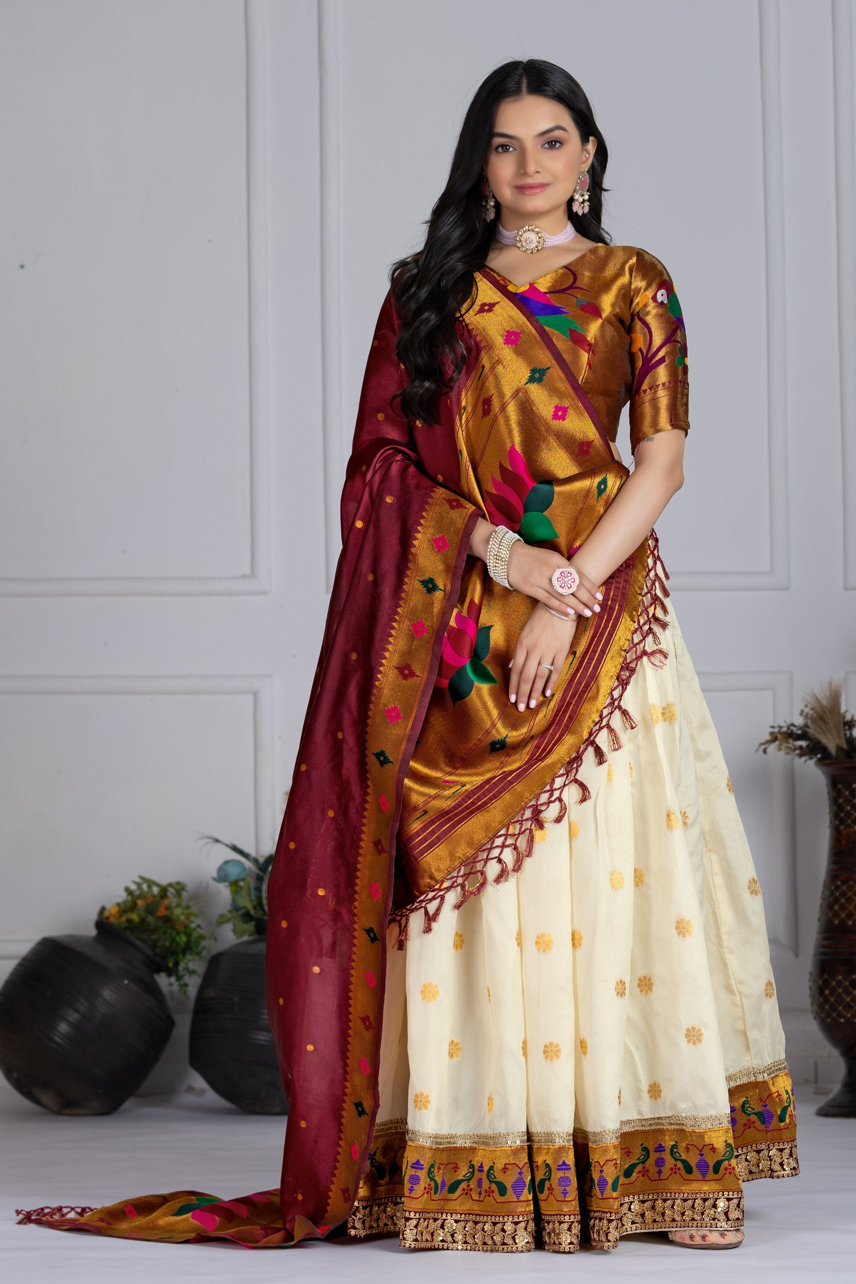 Women's Off White Jacquard Lichi Silk Lehenga Choli with Maroon Paithani Style Dupatta | Traditional Wedding, Festive & Party Wear