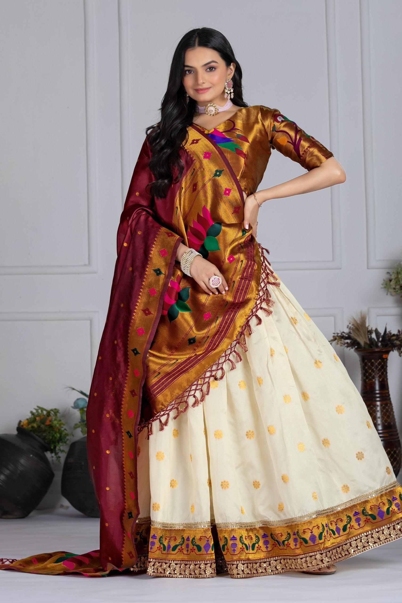 Women's Off White Jacquard Lichi Silk Lehenga Choli with Maroon Paithani Style Dupatta | Traditional Wedding, Festive & Party Wear