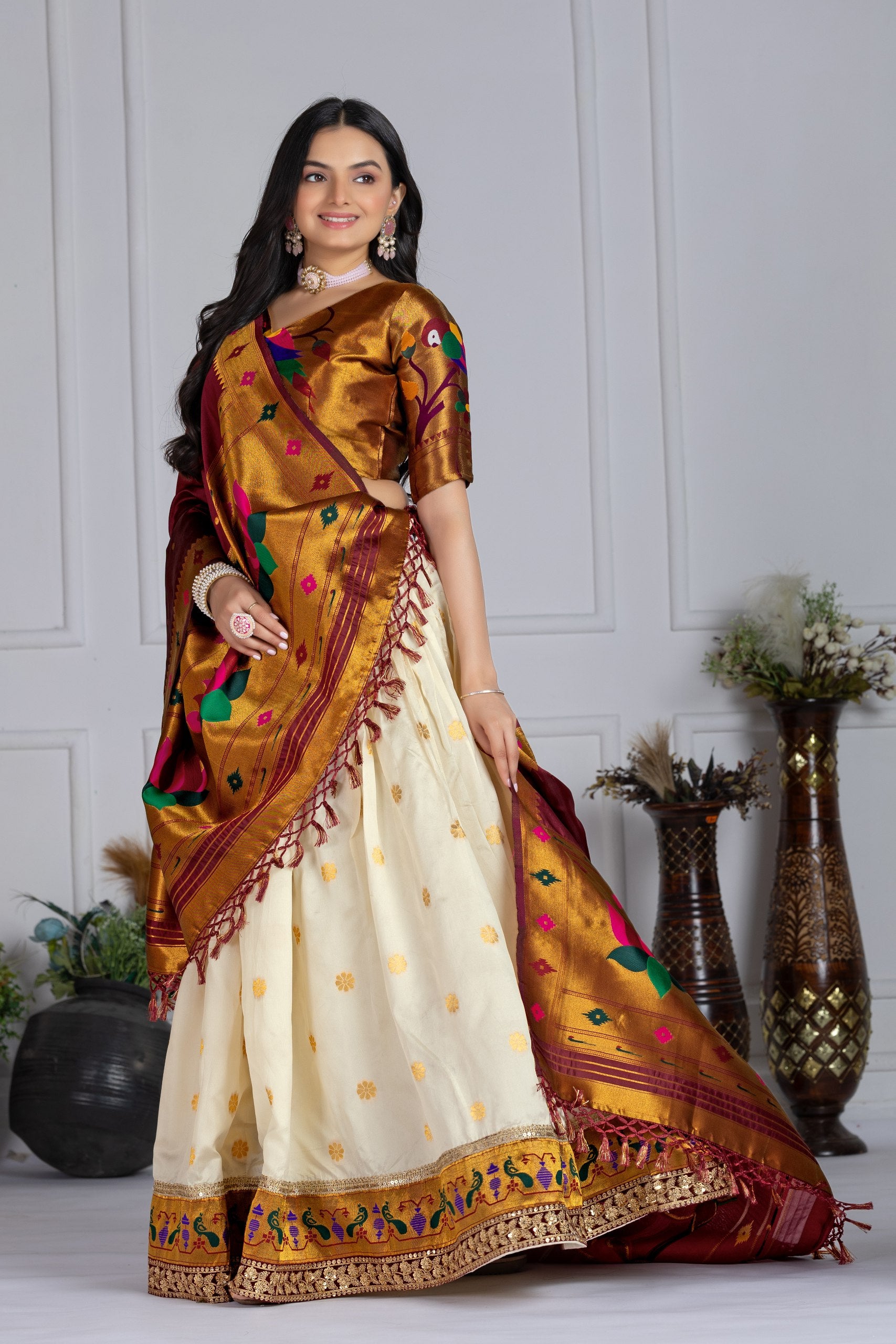 Women's Off White Jacquard Lichi Silk Lehenga Choli with Maroon Paithani Style Dupatta | Traditional Wedding, Festive & Party Wear