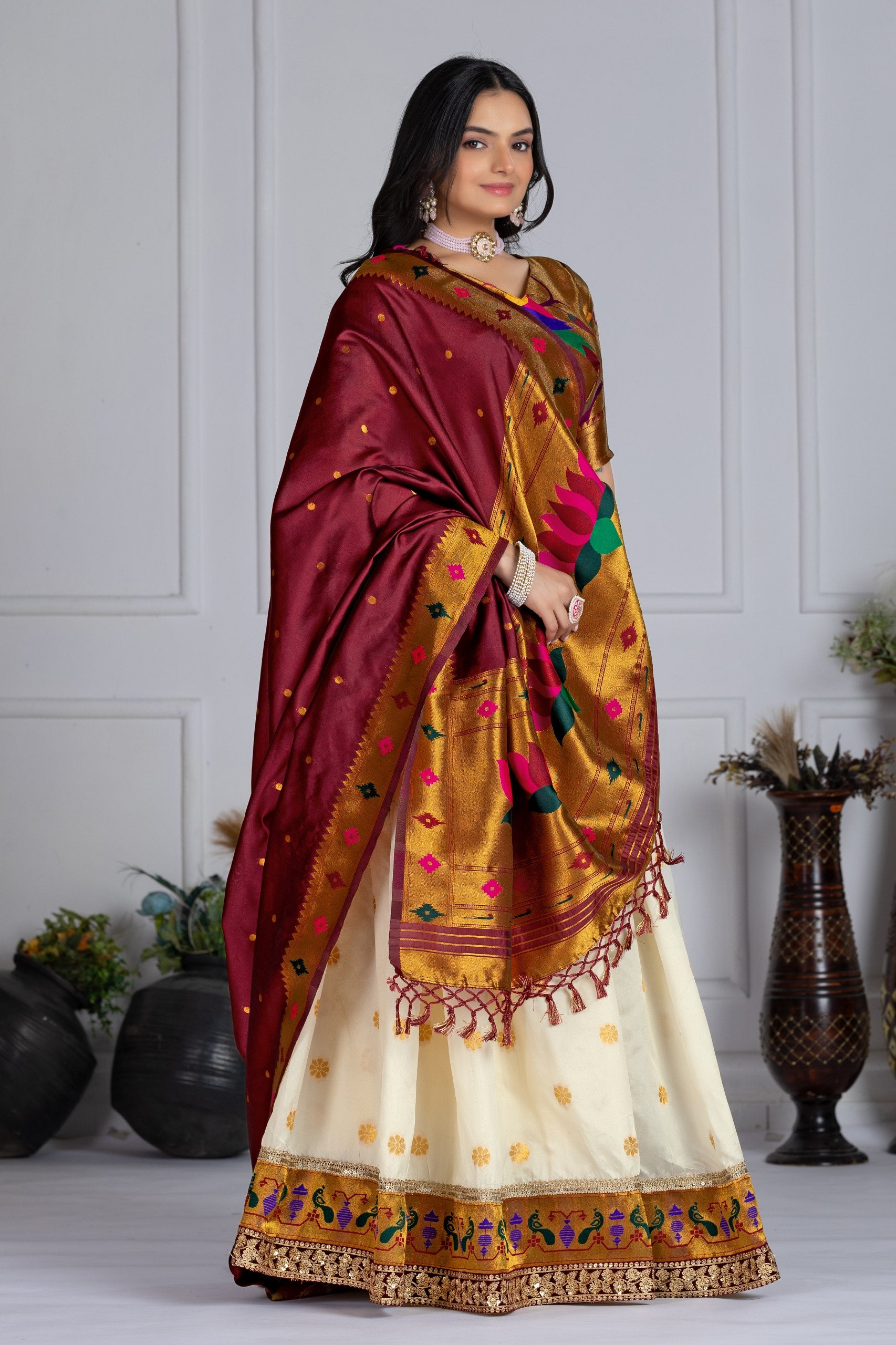 Women's Off White Jacquard Lichi Silk Lehenga Choli with Maroon Paithani Style Dupatta | Traditional Wedding, Festive & Party Wear