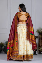 Women's Off White Jacquard Lichi Silk Lehenga Choli with Maroon Paithani Style Dupatta | Traditional Wedding, Festive & Party Wear