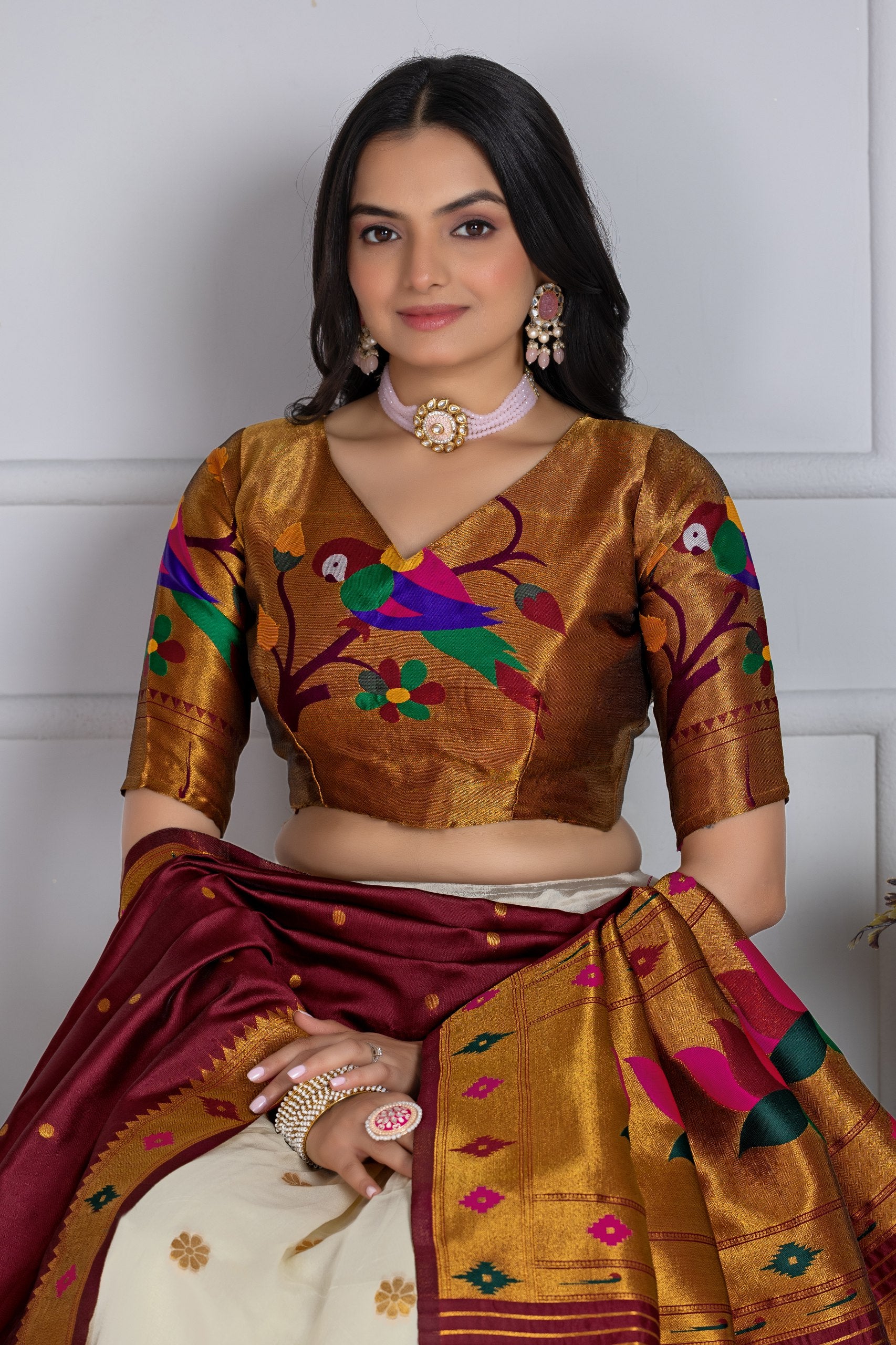 Women's Off White Jacquard Lichi Silk Lehenga Choli with Maroon Paithani Style Dupatta | Traditional Wedding, Festive & Party Wear
