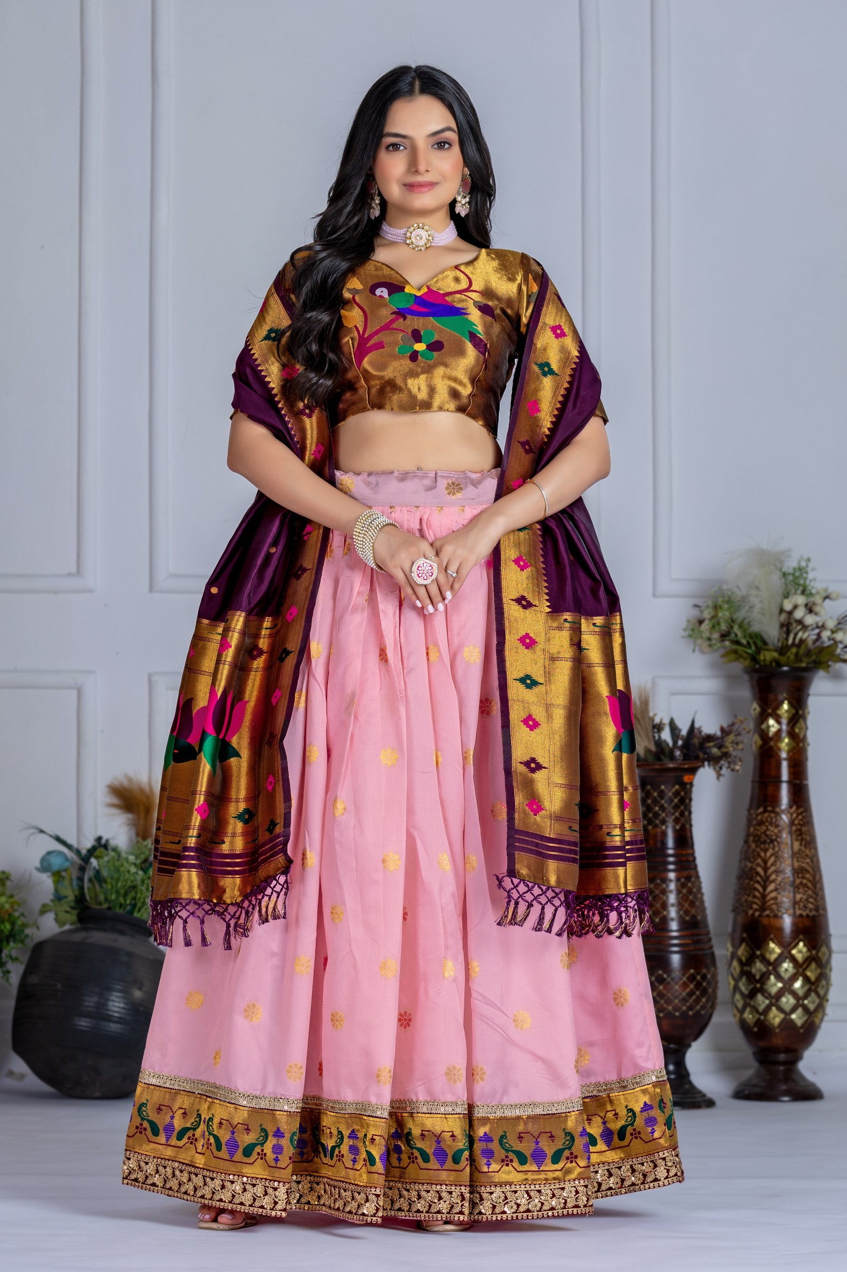 Women's Pink Jacquard Lichi Silk Lehenga Choli with Purple Paithani Style Dupatta | Traditional Wedding, Festive & Party Wear
