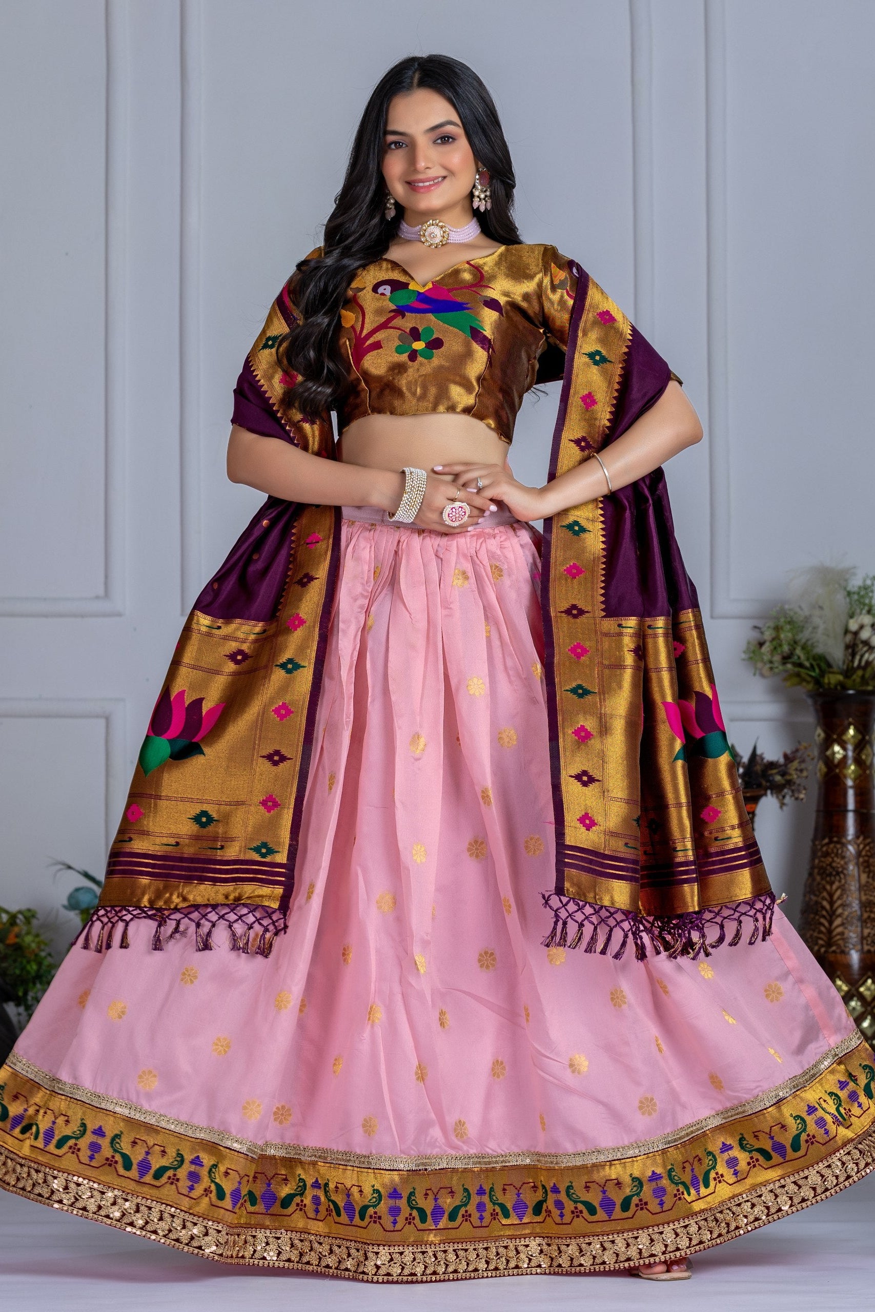 Women's Pink Jacquard Lichi Silk Lehenga Choli with Purple Paithani Style Dupatta | Traditional Wedding, Festive & Party Wear