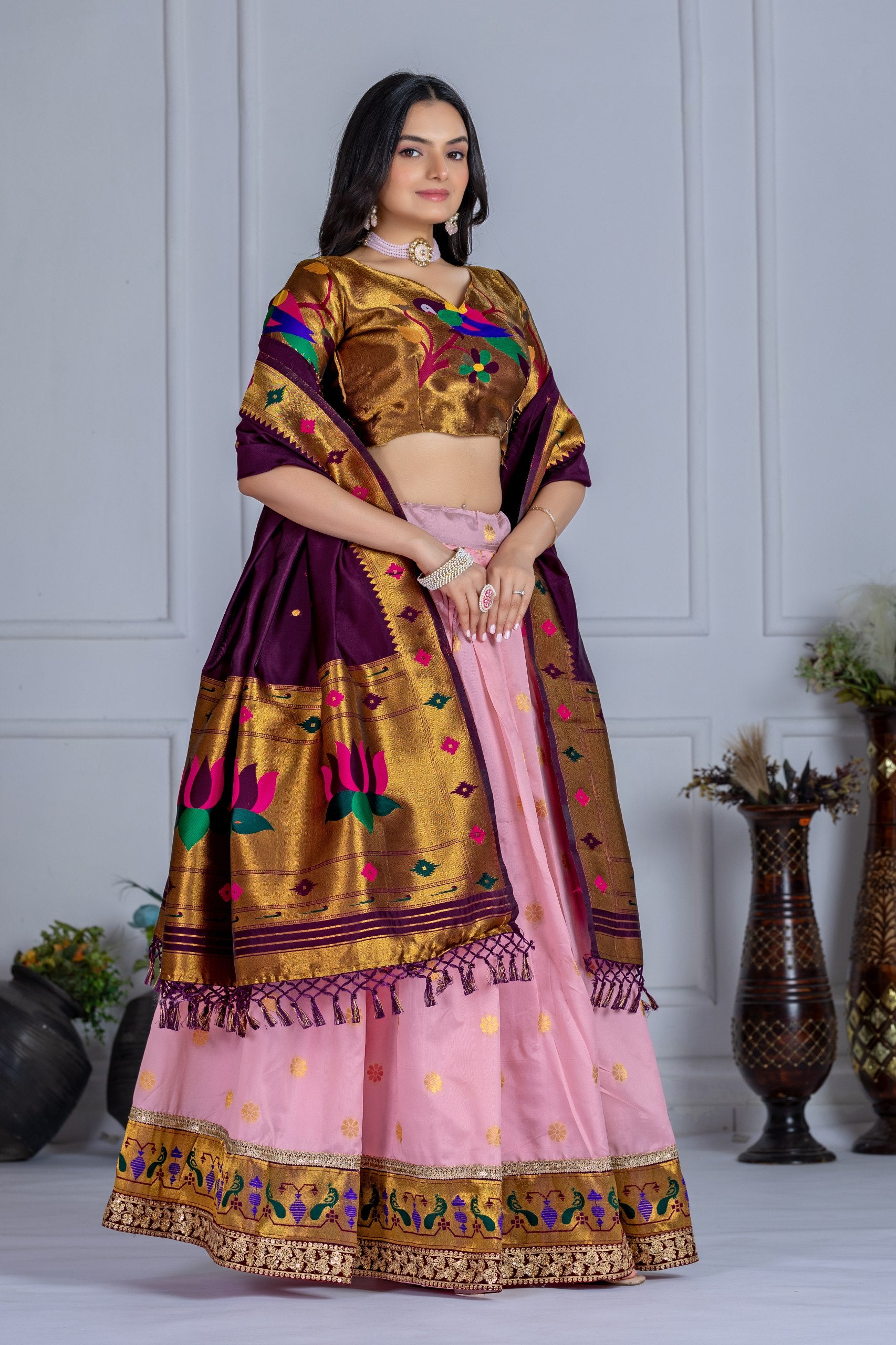 Women's Pink Jacquard Lichi Silk Lehenga Choli with Purple Paithani Style Dupatta | Traditional Wedding, Festive & Party Wear