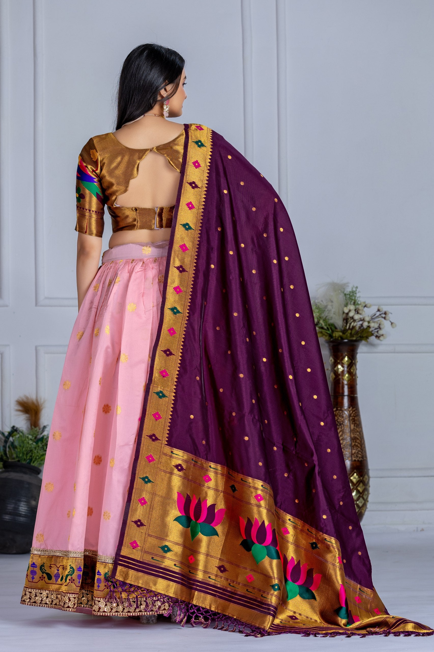 Women's Pink Jacquard Lichi Silk Lehenga Choli with Purple Paithani Style Dupatta | Traditional Wedding, Festive & Party Wear