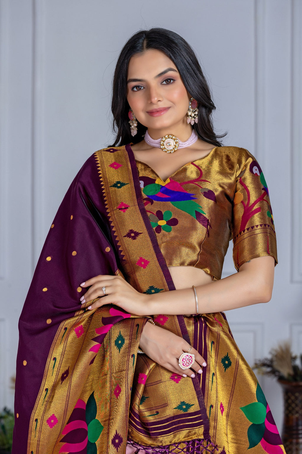 Women's Pink Jacquard Lichi Silk Lehenga Choli with Purple Paithani Style Dupatta | Traditional Wedding, Festive & Party Wear