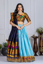 Women's Sky Blue Jacquard Lichi Silk Lehenga Choli with Navy Blue Paithani Style Dupatta | Traditional Wedding & Festive Wear