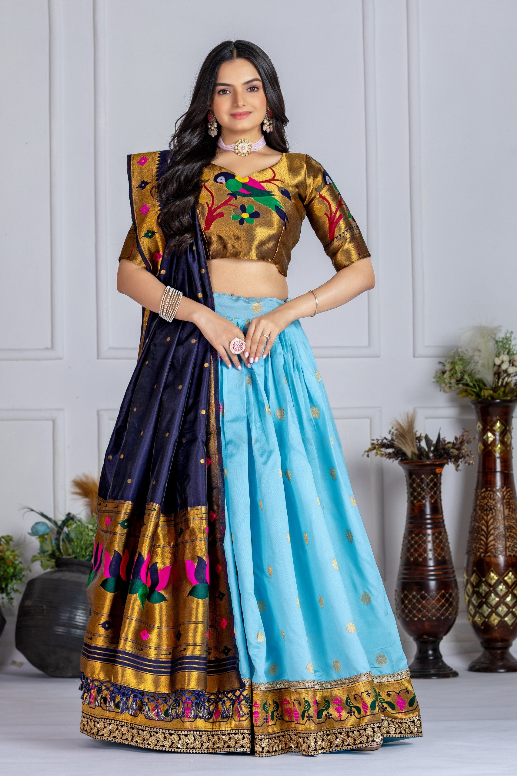 Women's Sky Blue Jacquard Lichi Silk Lehenga Choli with Navy Blue Paithani Style Dupatta | Traditional Wedding & Festive Wear