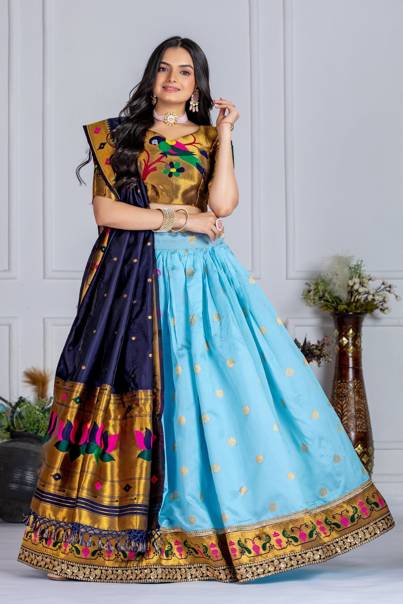 Women's Sky Blue Jacquard Lichi Silk Lehenga Choli with Navy Blue Paithani Style Dupatta | Traditional Wedding & Festive Wear