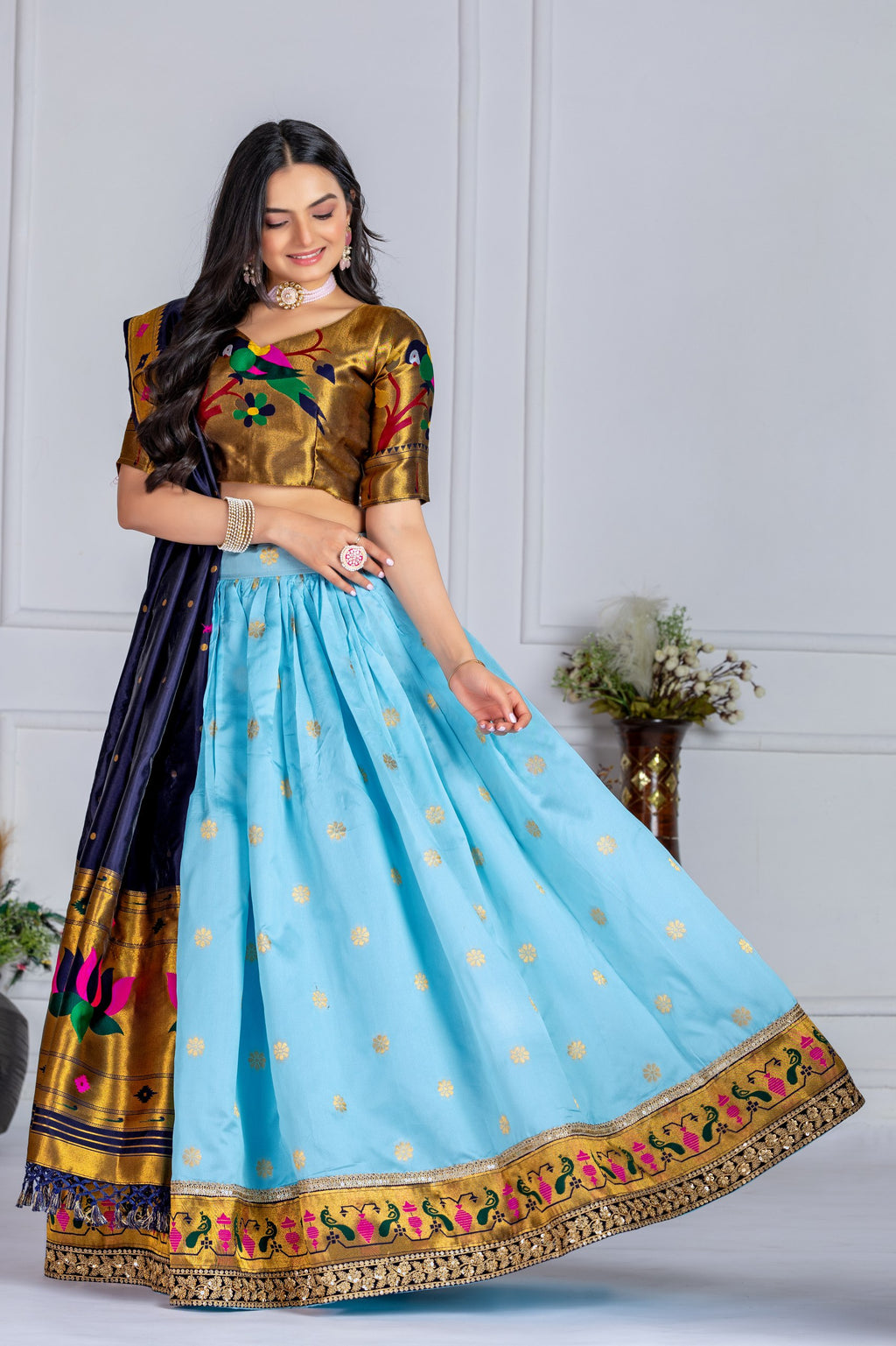 Women's Sky Blue Jacquard Lichi Silk Lehenga Choli with Navy Blue Paithani Style Dupatta | Traditional Wedding & Festive Wear