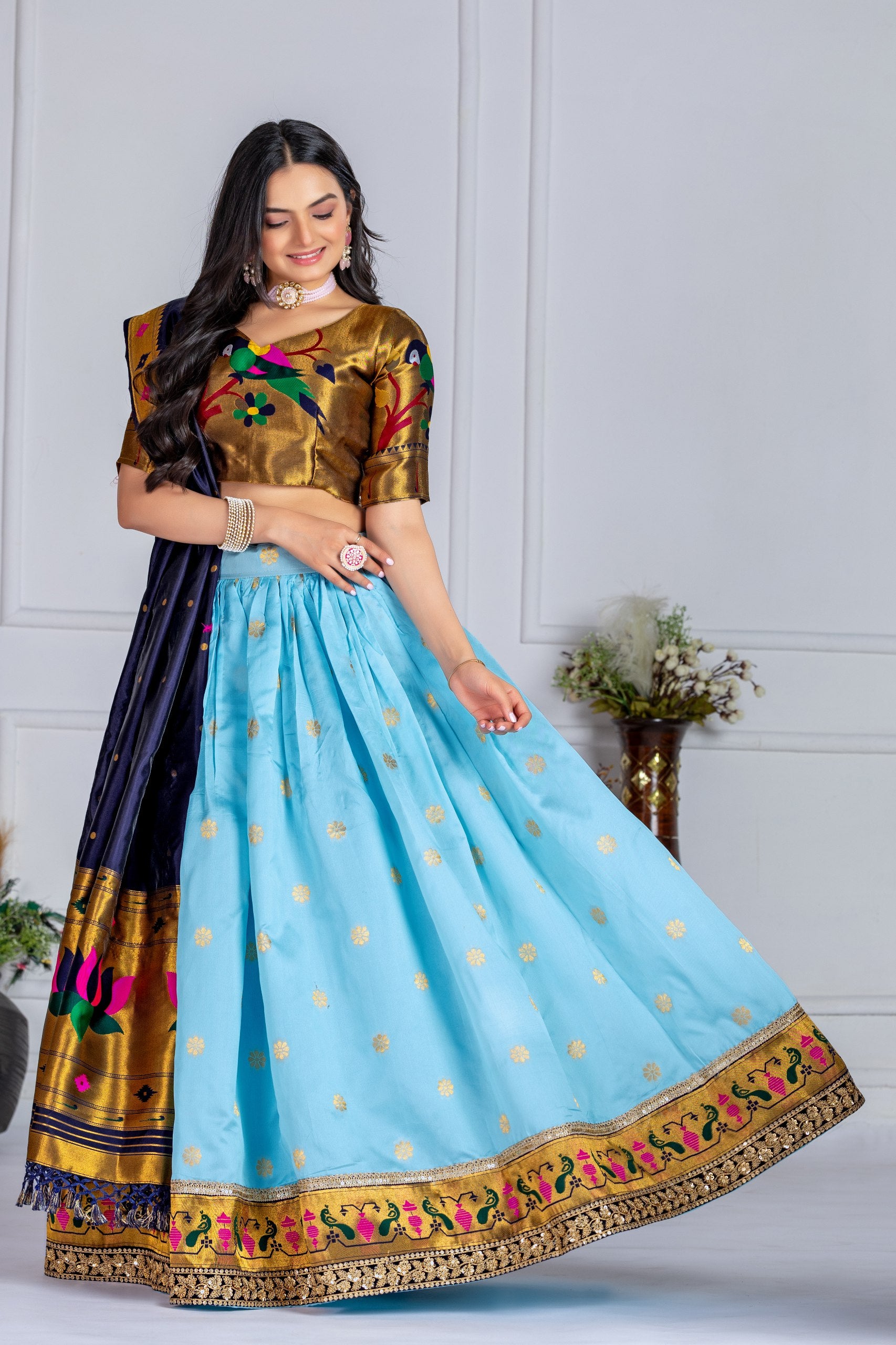 Women's Sky Blue Jacquard Lichi Silk Lehenga Choli with Navy Blue Paithani Style Dupatta | Traditional Wedding & Festive Wear