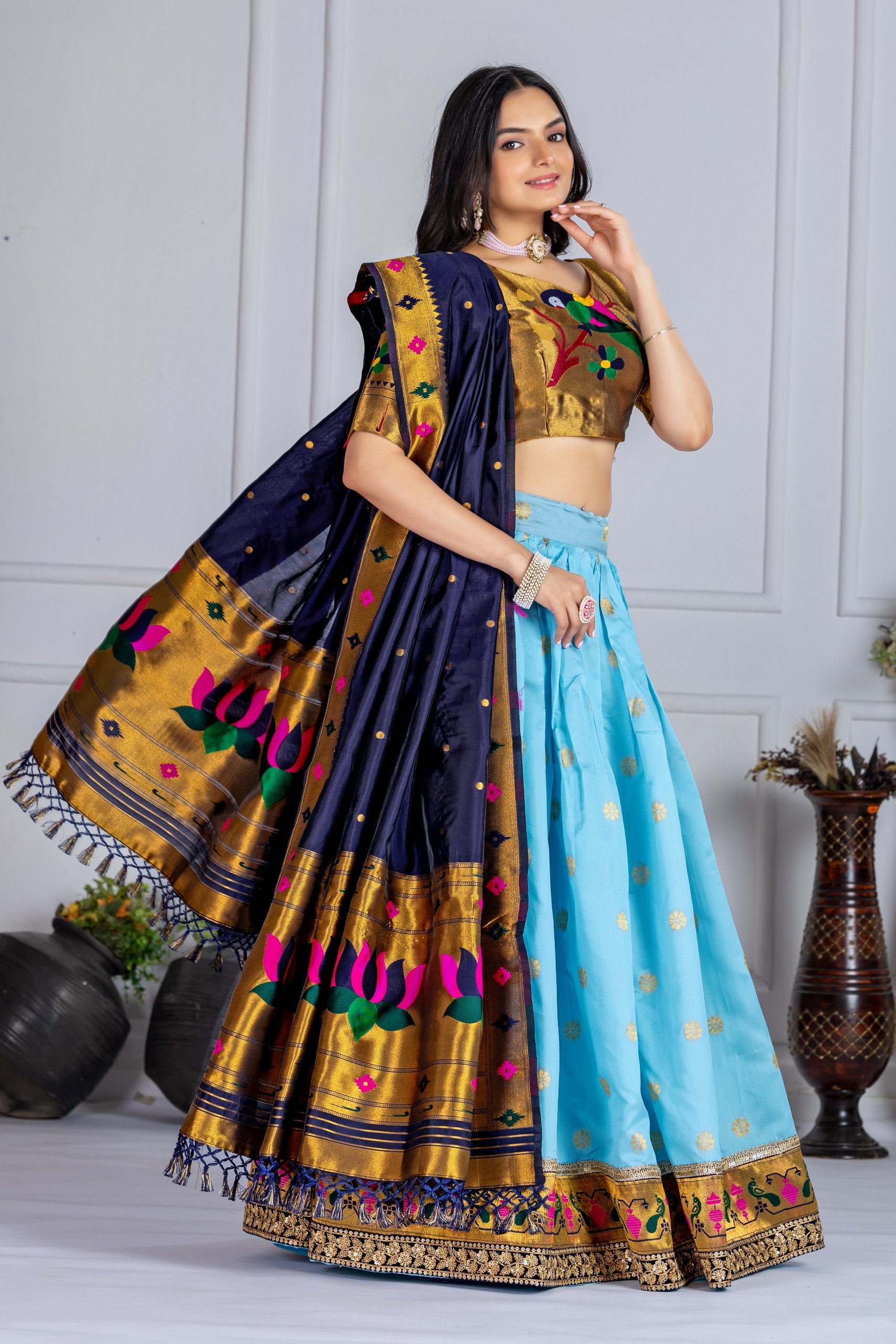 Women's Sky Blue Jacquard Lichi Silk Lehenga Choli with Navy Blue Paithani Style Dupatta | Traditional Wedding & Festive Wear