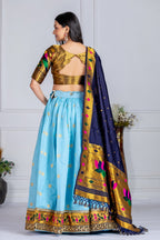 Women's Sky Blue Jacquard Lichi Silk Lehenga Choli with Navy Blue Paithani Style Dupatta | Traditional Wedding & Festive Wear