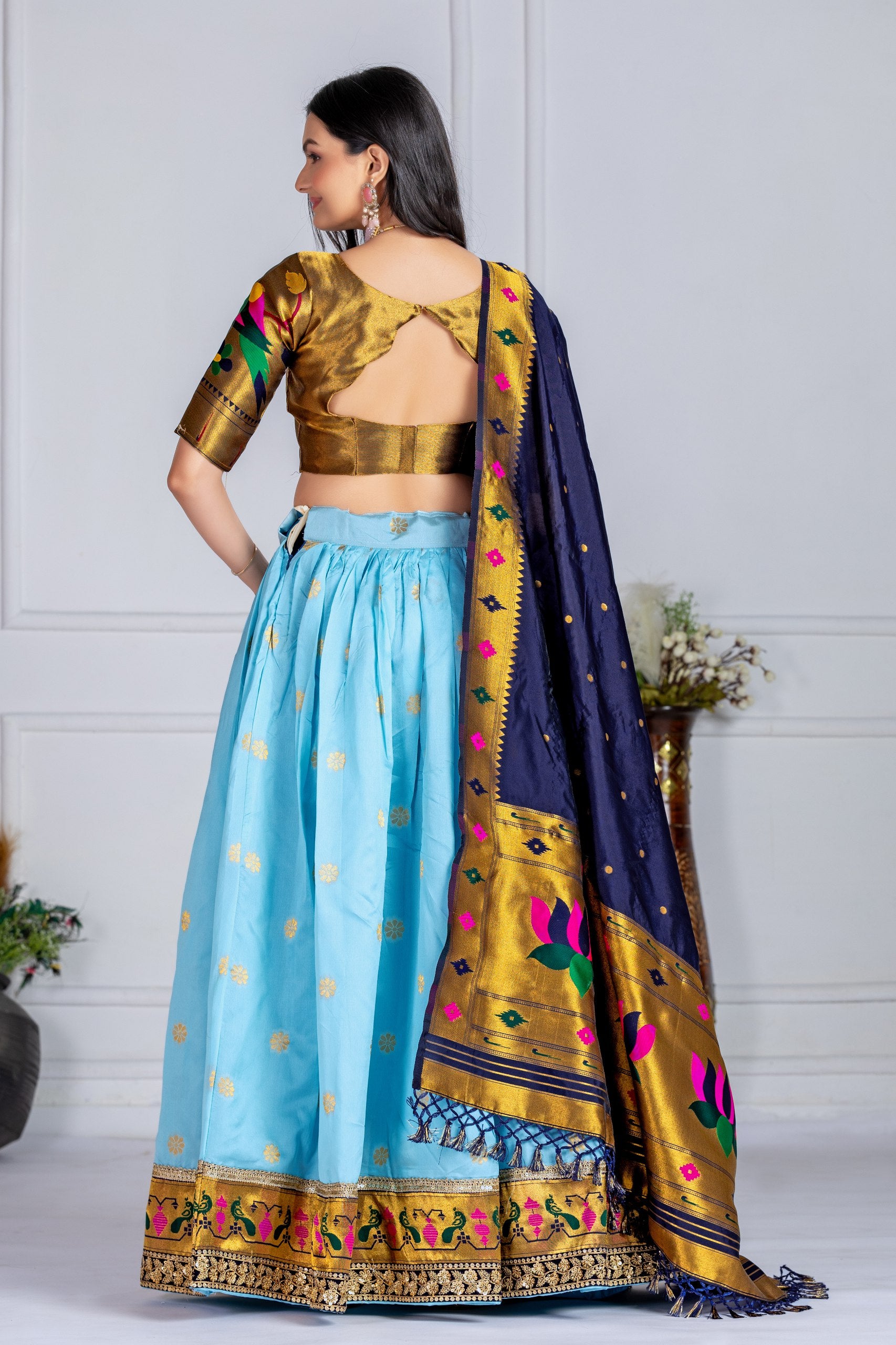 Women's Sky Blue Jacquard Lichi Silk Lehenga Choli with Navy Blue Paithani Style Dupatta | Traditional Wedding & Festive Wear