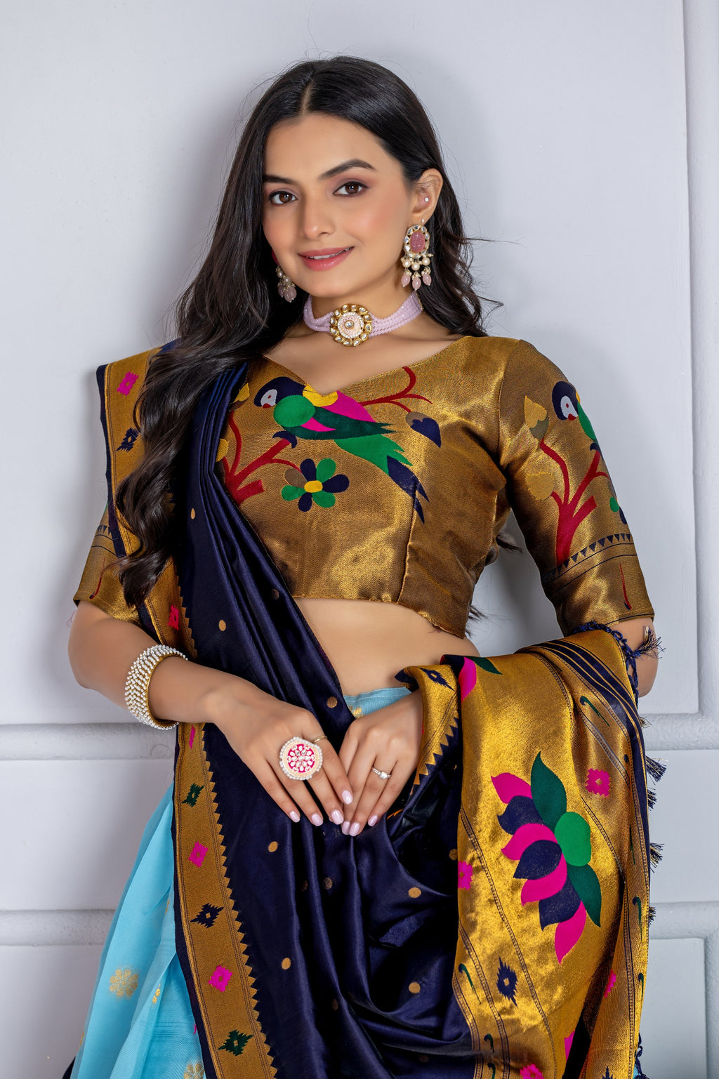 Women's Sky Blue Jacquard Lichi Silk Lehenga Choli with Navy Blue Paithani Style Dupatta | Traditional Wedding & Festive Wear