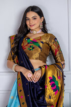 Women's Sky Blue Jacquard Lichi Silk Lehenga Choli with Navy Blue Paithani Style Dupatta | Traditional Wedding & Festive Wear
