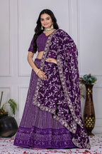 Women's Purple Fox Georgette Semi-Stitched Lehenga Choli with Embroidered Dupatta | Heavy Multi Thread & Sequence Work Wedding Festive Lehenga