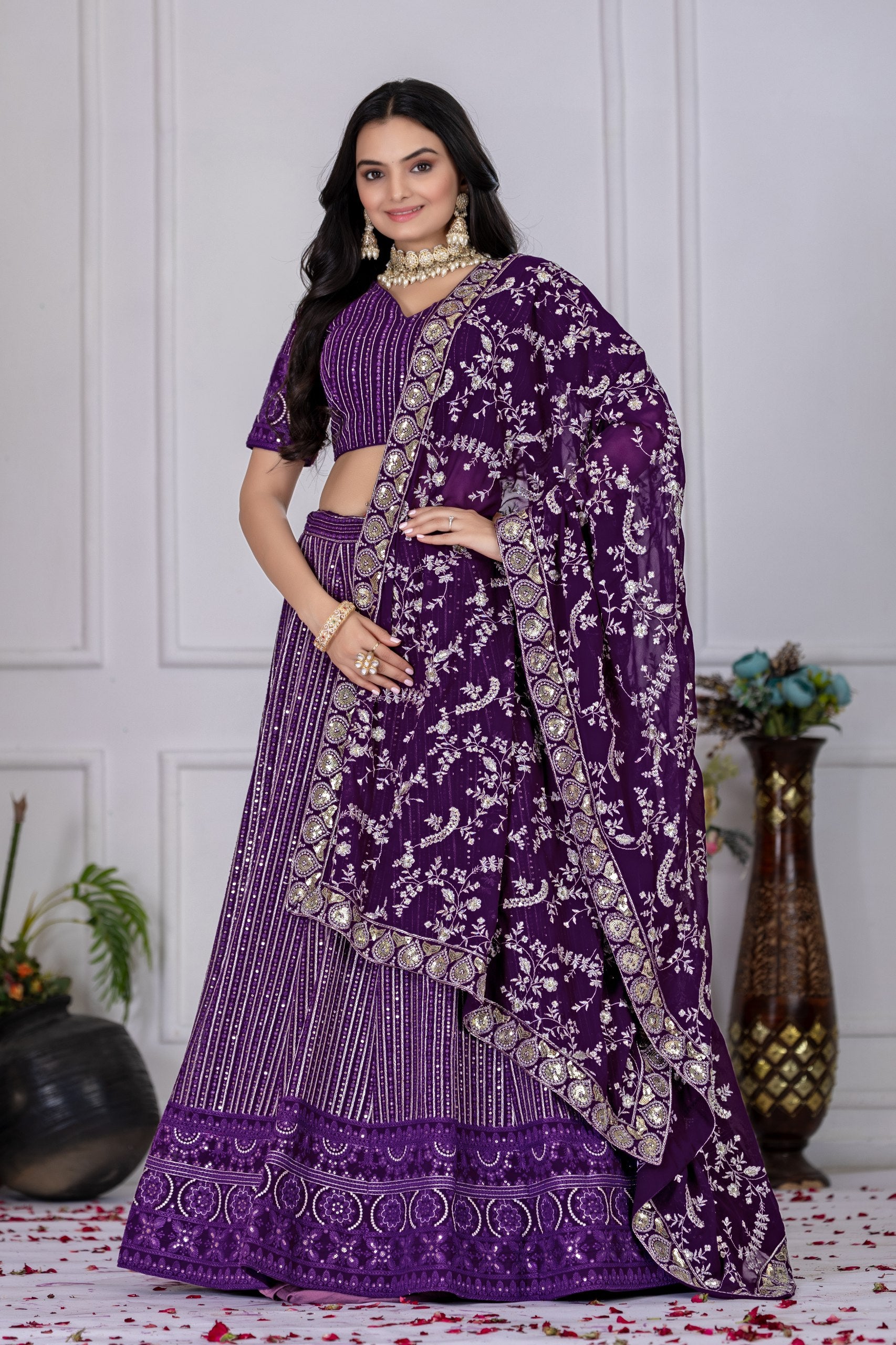 Women's Purple Fox Georgette Semi-Stitched Lehenga Choli with Embroidered Dupatta | Heavy Multi Thread & Sequence Work Wedding Festive Lehenga
