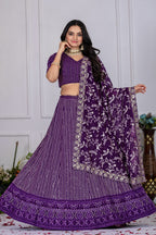 Women's Purple Fox Georgette Semi-Stitched Lehenga Choli with Embroidered Dupatta | Heavy Multi Thread & Sequence Work Wedding Festive Lehenga